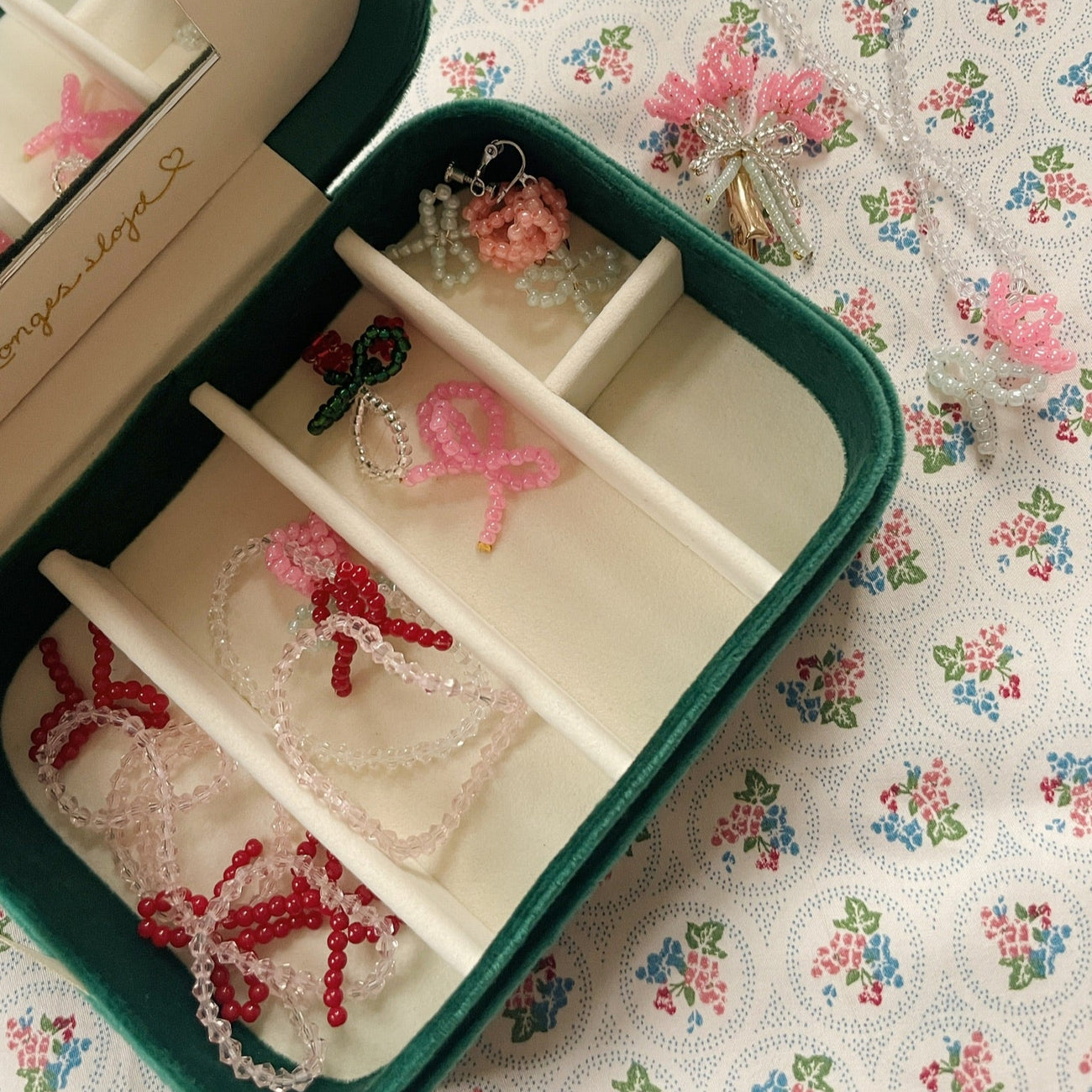 All I Wish For Velvet Cherry Jewellery Box + Beaded Set (Bottle Green)